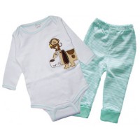 純棉嬰兒長袖夾衣褲仔套裝 - 小狗與小猴 (女裝)